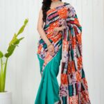 Women's Multicolor Patchwork Printed Saree with Green Base Blouse Piece Elegant Ethnic Wear