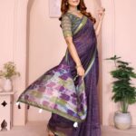 Purple & Green Black Chanderi Saree ? Dual-Toned Border with Abstract Multicolor Pallu