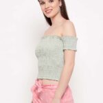 Women's Rayon Solid Off-Shoulder Smocked Crop Top Short Sleeve Casual Styles Tank Top (FREE SIZE) Multi21