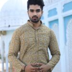Mens Mustard Yellow Handblock Printed Cotton Kurta with White Pajama ? Traditional Festive Wear
