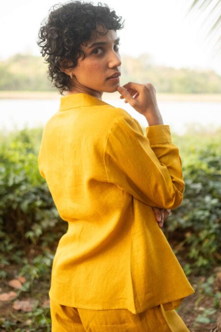 Women's Cotton Solid Pain Straight Shirt With Wide Leg Palazzo Pant Casual Summer Collection Cord Set( Yellow )