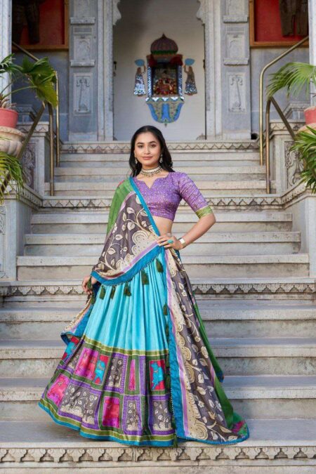 Sky Blue Tussar Silk Lehenga Choli with Purple Blouse | Kalamkari & Foil Work | Wedding & Festive Wear