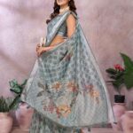 Aqua Blue Woven Floral Saree with Brocade Border