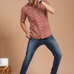 Men?s Red Floral Block Print Cotton Short-Sleeve Shirt ? Casual Festive Wear