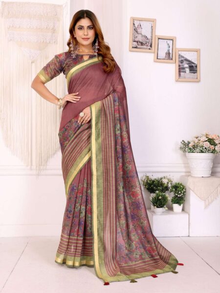 Maroon & Olive Floral Printed Chanderi Saree ? Elegant Festive & Traditional Wear