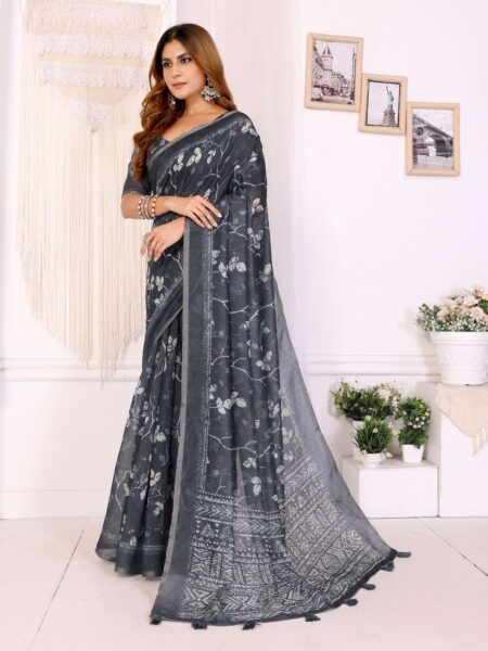Charcoal Grey Chanderi Saree with Elegant White Floral Prints ? Perfect Festive & Wedding Wear
