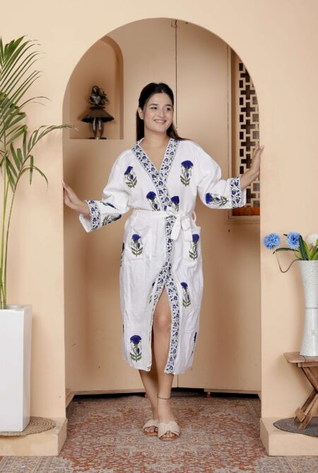 Handcrafted Cotton Block Printed Long Robe | Comfortable Loungewear & Bathrobe for Women