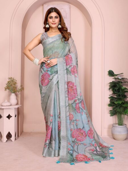 Elegant Grey-Blue Linen Cotton Saree with Bold Pink Floral Prints & Checked Tassel Border