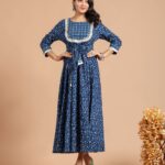 Blue Printed Maxi Dress with Lace Detailing & Waist Tie-Up