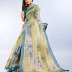 Elegant Teal Green and Mauve Pink Linen Saree with Geometric and Floral Prints