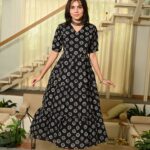 Black Printed Cotton Anarkali Maxi Dress with Puff Sleeves Elegant Casual Wear