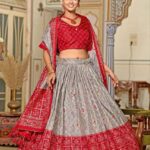 Grey Dola Silk Lehenga Choli with Red Blouse & Minakari Foil Print | Wedding & Party Wear
