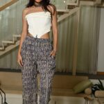 Blue Cotton Paisley Print Straight Pants for Women ? Elastic Waist with Pockets