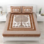 Jaipuri Printed 100% Pure Cotton Double Bedsheet With Two Pillow Cover (Brown)