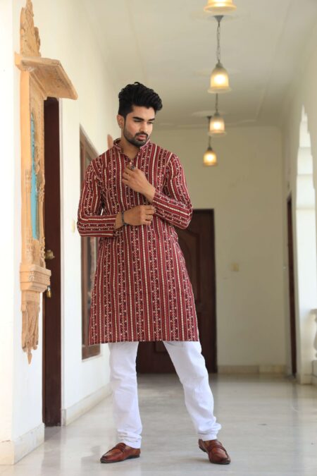 Mens Maroon Striped Printed Cotton Kurta with White Pajama ? Traditional Ethnic Wear for Festive & Wedding