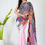Women's Multicolor Patchwork Printed Saree with Pastel Pink Base Blouse Piece Elegant Ethnic Wear
