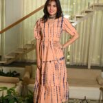 Peach Printed Cotton Anarkali Maxi Dress with Puff Sleeves Elegant Casual Wear