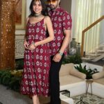 Couple Matching Outfit ? Maroon Cotton Floral Printed Midi Dress & Shirt Set, Summer Casual Wear