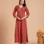 Red Printed Anarkali Maxi Dress with V-Neck & 3/4 Sleeves ? Festive Ethnic Long Dress