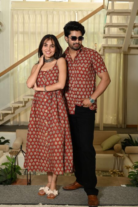 Couple Matching Outfit ? Brick Red & Beige Leaf Print Cotton Midi Dress & Shirt Set, Festive Ethnic Wear