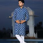 Mens Blue Printed Cotton Kurta with White Pajama ? Elegant Traditional & Ethnic Wear