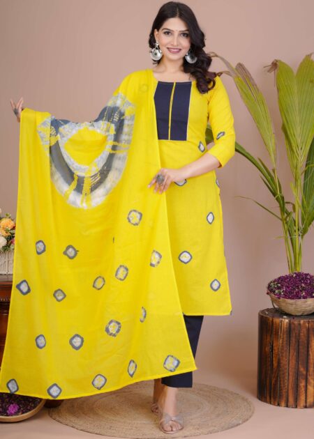 Women's Yellow & Navy Cotton Tie-Dye Straight Kurti with Pant & Dupatta Set