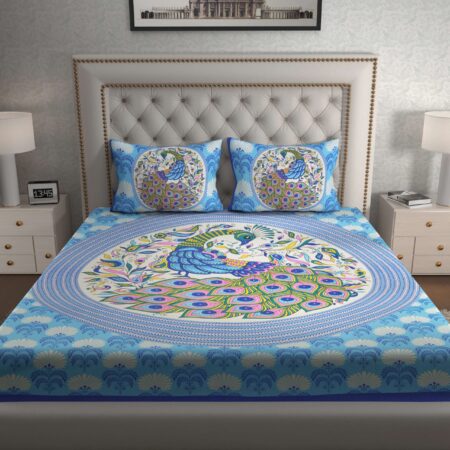 Jaipuri Stylish Peacock Printed Double Bed Bedsheet With Two Pillow Cover (Sky Color)