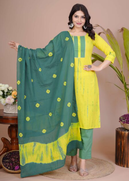 Women's Yellow & Green Cotton Tie-Dye Straight Kurti with Pant & Dupatta Set