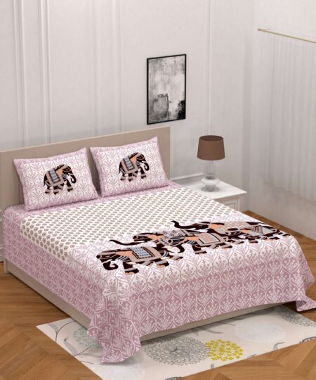 Jaipuri Printed Cotton Double Bed Bedsheet And two pillow covers An Elephant Pattern.
