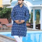Mens Blue Printed Cotton Kurta with White Pajama ? Elegant Traditional & Ethnic Wear