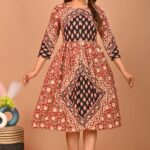 Red & Black Ethnic Block Printed A-Line Midi Dress with 3/4 Sleeves ? Festive & Casual Wear
