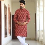 Mens Red Printed Cotton Kurta with White Pajama ? Ethnic Wear for Weddings & Festivals