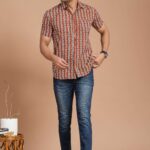 Men's Cotton Rust Red Striped Printed Short-Sleeve Shirt ? Casual Summer Wear