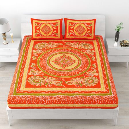 Jaipuri Stylish Rangoli Printed Double Bed Bedsheet With Two Pillow Cover (Red)