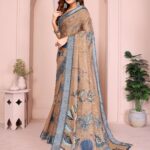Elegant Linen Cotton Saree – Beige Base with Blue Floral Accents & Checkered Border