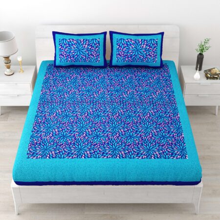 Jaipuri Stylish Floral Printed Double Bed Bedsheet With Two Pillow Cover (Blue)