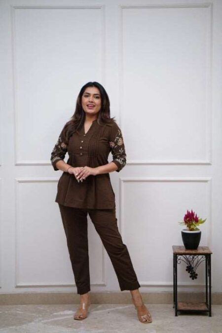 Women's Cotton Embroidery Straight Short kurti With Pant set