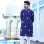 Mens Navy Blue Printed Cotton Kurta with White Pajama ? Traditional Ethnic Wear for Festive & Wedding