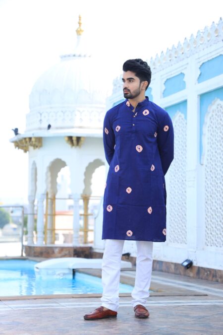 Mens Navy Blue Printed Cotton Kurta with White Pajama ? Traditional Ethnic Wear for Festive & Wedding