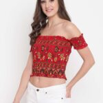 Women's Rayon Printed Off-Shoulder Smocked Crop Top Short Sleeve Casual Styles Tank Top (FREE SIZE) Multi6
