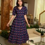 Navy Blue Floral Printed Cotton Anarkali Maxi Dress with Puff Sleeves Elegant Casual Wear