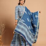 Women’s Blue Cotton Printed Lehenga Choli Dupatta Set