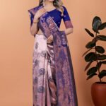 Royal Enchant Banarasi Silk Saree – Lavender Silver with Peacock Zari Pallu