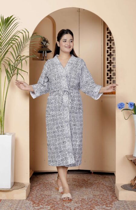 Handcrafted Cotton Block Printed Long Robe | Comfortable Loungewear & Bathrobe for Women