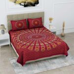 Jaipuri Stylish Mandala Printed Double Bed Bedsheet With Two Pillow Cover (Maroon)