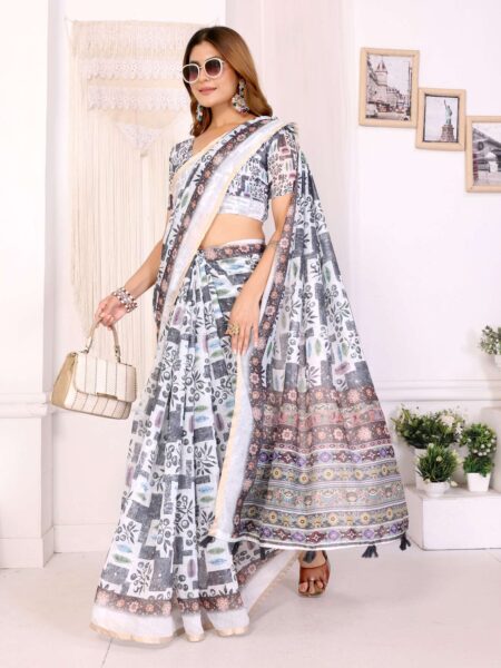 White & Black Chanderi Saree with Multi-Pattern Digital Prints ? Modern Ethnic Elegance