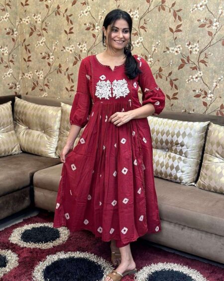 Women's Cotton Printed Long Anarkali Kurti With Pant