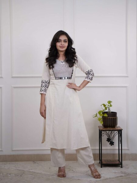 Women's Cotton Embroidery Straight Kurti With Pant Set