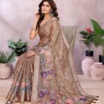 Coffee Brown Floral Linen Shimmer Saree ? Elegant Festive & Wedding Wear