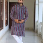 Mens Multicolor Zig-Zag Printed Cotton Kurta with White Pajama ? Trendy Festive & Casual Wear